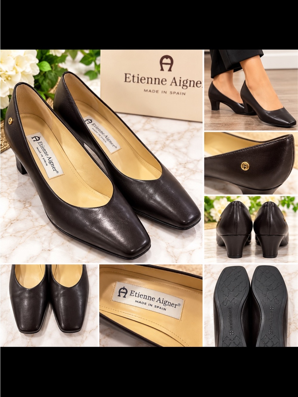 Etienne Aigner Dark Brown Leather Low Heel Pumps